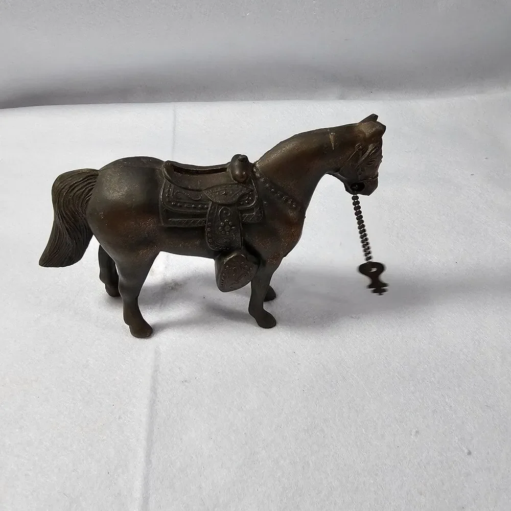 Vintage 60’s Brass Metal Coin Bank Country Western Horse  Copper Color W/Key